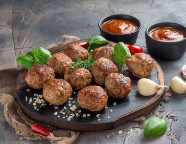 Soslu, baharatlı ve sarımsaklı ahşap bir tahtada sergilenen baharatlı köfteler. Kopyalama alanı olan yan görünüm.