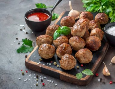 Soslu, baharatlı ve sarımsaklı ahşap bir tahtada sergilenen baharatlı köfteler. Kopyalama alanı olan yan görünüm.