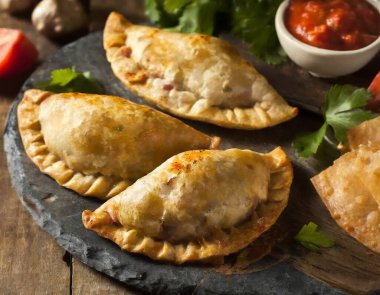Lezzetli Hint samosa pastası bir tabakta domates ve ahşap bir masada marul ile sunuluyor..