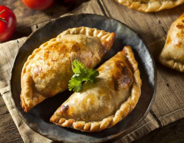 Lezzetli Hint samosa pastası bir tabakta domates ve ahşap bir masada marul ile sunuluyor..