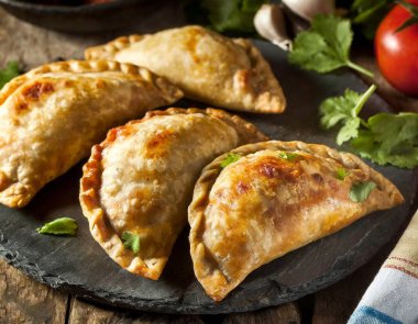 Lezzetli Hint samosa pastası bir tabakta domates ve ahşap bir masada marul ile sunuluyor..