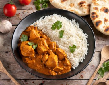 Baharatlı tavuk tikka masala kil tabakta servis edilir pirinç ve ahşap zemin üzerinde naan ekmeği.