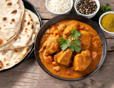 Baharatlı tavuk tikka masala kil tabakta servis edilir pirinç ve ahşap zemin üzerinde naan ekmeği.