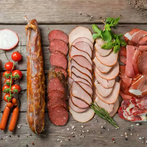 Selection of cold meats, including a variety of processed cold meat products, displayed on a wooden background.