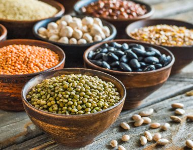 Temel protein kaynaklarını temsil eden çeşitli fasulye ve tahıl taneleri koleksiyonu..