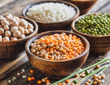 Temel protein kaynaklarını temsil eden çeşitli fasulye ve tahıl taneleri koleksiyonu..