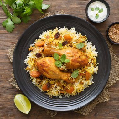 Ev yapımı Kabsa tavuğu, bir Arap biryani, ahşap arka planda siyah bir tabakta sunuluyor..