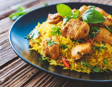 Ev yapımı Kabsa tavuğu, bir Arap biryani, ahşap arka planda siyah bir tabakta sunuluyor..
