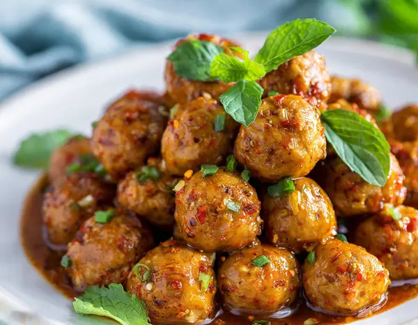 Fiery Tofu Meatballs - A Zesty Culinary Delight Captured in a Photography Studio.