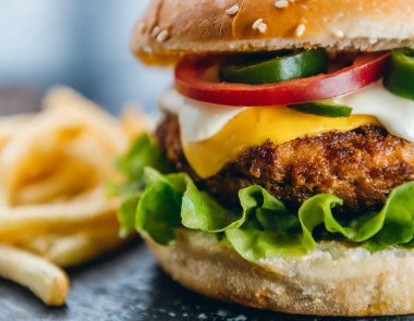 Panko kırıntılarıyla kaplanmış kızarmış et, erimiş labirent peyniri, jalapeno ve mayonez içeren bir hamburgerin yakın plan fotoğrafı..