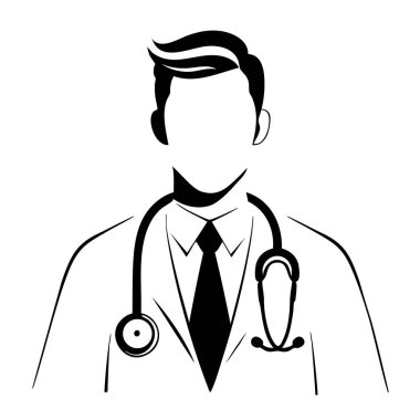 Minimalist siyah-beyaz çizgili, yüzü olmayan, tıbbi ceket ve kravat takmış, boynuna steteskop sarılı, beyaz bir arka planda izole edilmiş bir erkek doktorun çizimi..