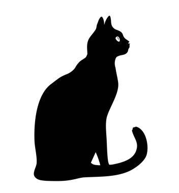 Oturan bir kedinin minimalist silueti. Beyaz arka planda pürüzsüz ve temiz çizgileri olan siyah bir hayvan figürü. Logo tasarımı, yazdırma, dekorasyon, şablonlar, dekoratif ögeler ve simgeler için uygun vektör resmi.