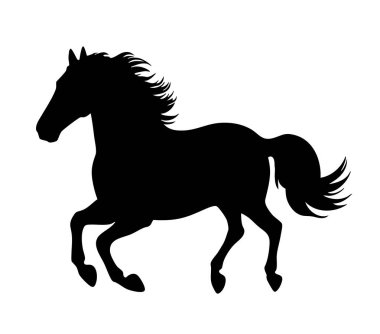 Akan yelesi ve kuyruğu olan dört nala koşan bir atın siyah silueti. Beyaz zemin üzerinde ayrıntılı ve dinamik vektör tasarımı, binicilik temalı grafikler, logolar, baskılar, şablonlar ve dekoratif projeler için ideal.