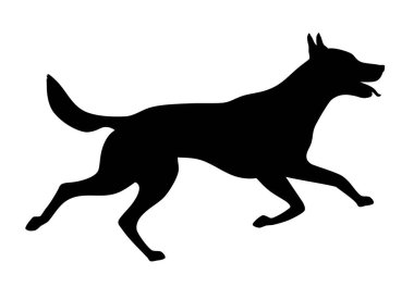 Hareket halindeki bir köpeğin siyah silüeti. Hayvan, beyaz bir arka planda izole bir şekilde atlarken veya genişletilmiş bacakları ve kuyruğuyla koşarken resmedilir. Minimalist düz vektör biçimi, logolar, simgeler, çıkartmalar, evcil hayvan dükkanı tasarımları veya hayvanlarla ilgili