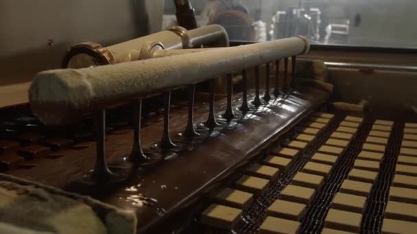 Gofres Están Cubiertos Con Chocolate Línea Producción — Vídeos de Stock