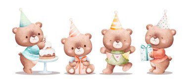 Bir fincan çay ve doğum günü pastasıyla küçük sevimli bir ayı.