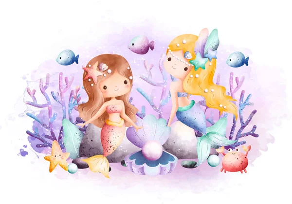 水彩画イラスト 美しいマーメイドと海の生き物 — ストックベクタ