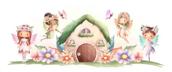 一群可爱的小女孩 花和蝴蝶 水色矢量图解 水彩画花仙和蘑菇屋 — 图库矢量图片