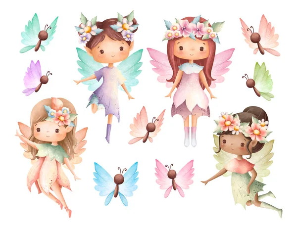 一群可爱的小女孩 花和蝴蝶 水色矢量图解 仙女插图 — 图库矢量图片