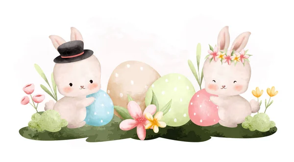 Watercolor Illustration Cute Rabbit Eggs Hands — Stock Vector