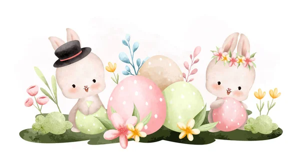 Πασχαλινό Λαγουδάκι Κουνέλια Αυγά Κουνέλι Πρόβατα Και Πράσινα Λουλούδια Ζωγραφισμένα — Διανυσματικό Αρχείο