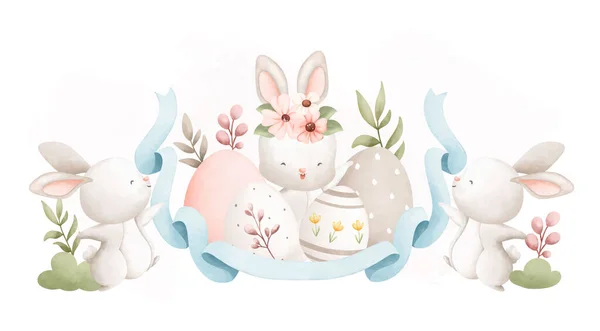 白色背景的复活节兔子和蛋 — 图库矢量图片