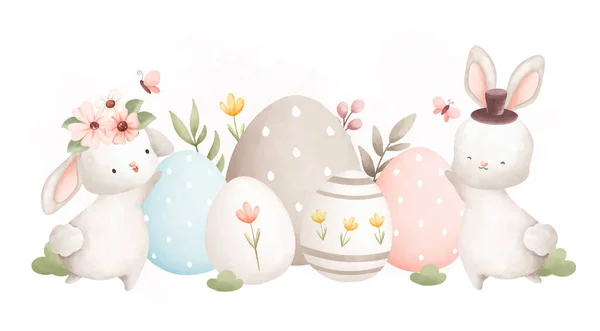 Aquarell Illustration Des Osterhasen Mit Blumen Und Eiern — Stockvektor