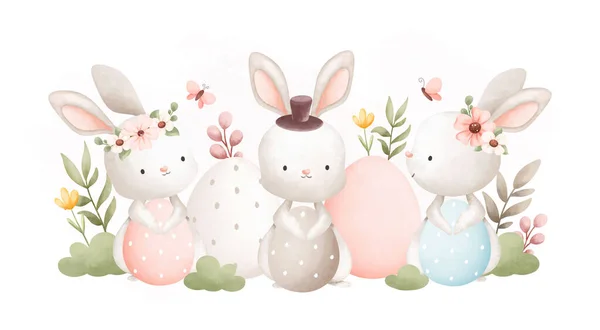 Милий Кролик Великодніми Яйцями Вухами Кролика Акварельна Рука Намальована Ілюстрація — стоковий вектор