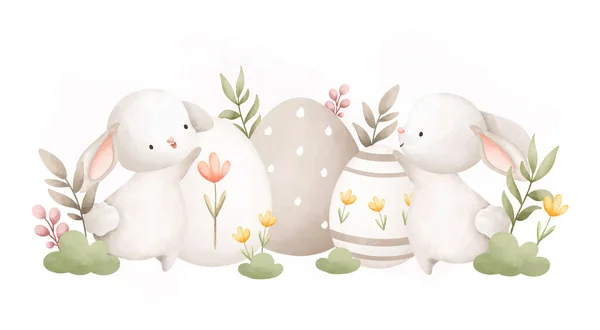 Akwarela Ilustracja Wielkanocny Królik Kwiatami Łuk Izolowane Białym Tle — Wektor stockowy
