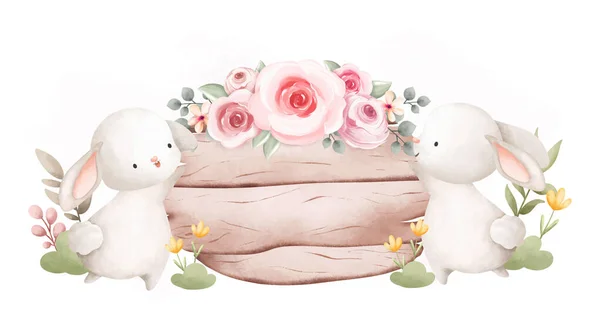 复活节兔子和白色背景的花朵 — 图库矢量图片