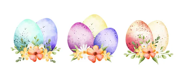 Acuarela Huevos Pascua Flores Aisladas Sobre Fondo Blanco — Archivo Imágenes Vectoriales
