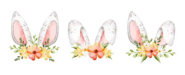 Ensemble Illustration Aquarelle Oreille Lapin Pâques Avec Couronne Fleurs — Image vectorielle