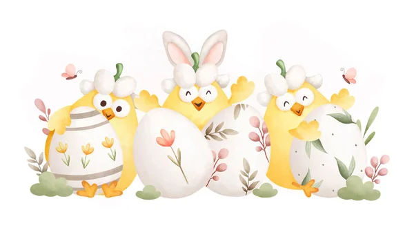 Illustrazione Acquerello Simpatico Coniglietto Con Uova Pasqua — Vettoriale Stock