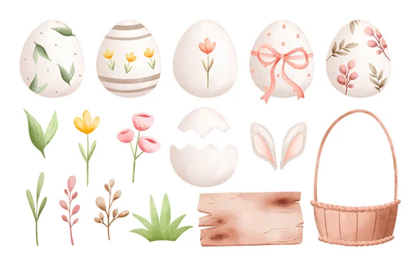 Ακουαρέλα Πασχαλινά Αυγά Και Λουλούδια Διανυσματική Απεικόνιση — Διανυσματικό Αρχείο