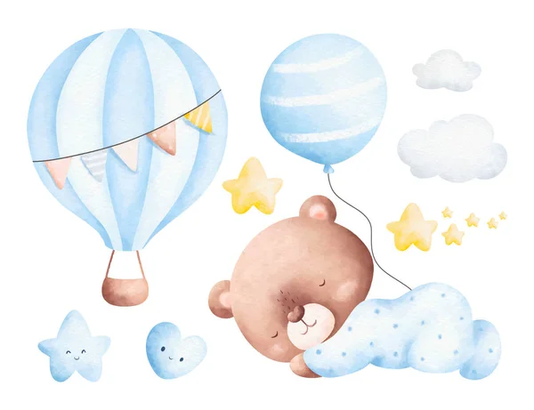 赤ちゃんテディベアと保育器の要素の水彩イラストセット — ストックベクタ