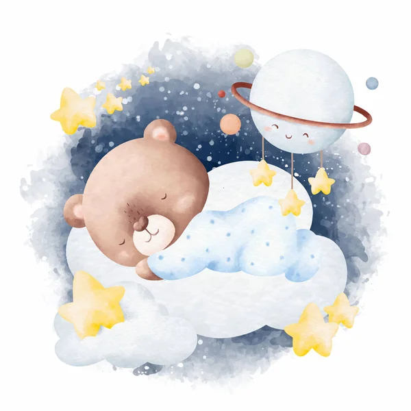 Illustrazione Acquerello Carino Bambino Orsacchiotto Dormire Sulla Nuvola — Vettoriale Stock