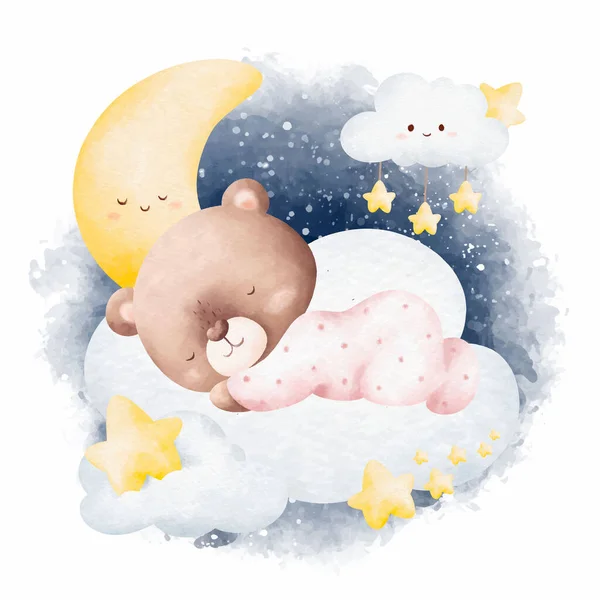 Watercolor Illustration Cute Baby Teddy Bear Sleeping Cloud — Stock Vector