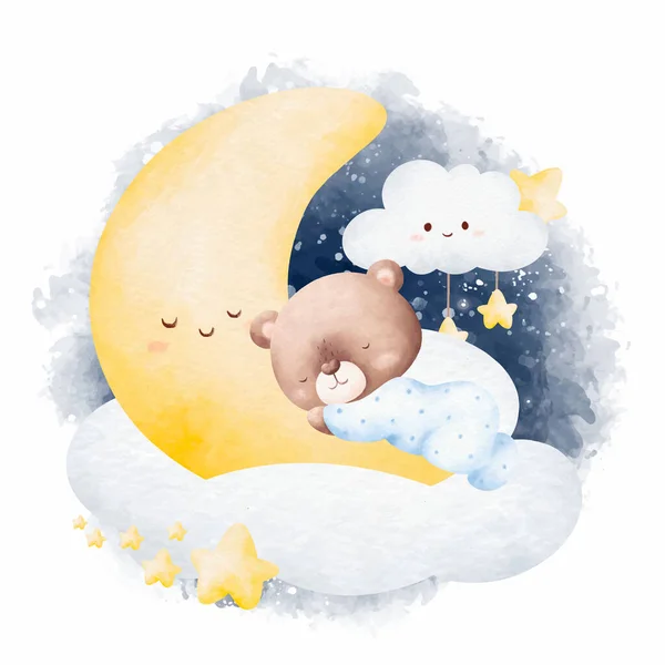 Aquarell Illustration Niedlicher Baby Teddybär Schläft Auf Der Wolke — Stockvektor
