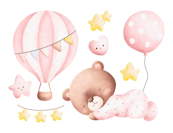 带气球的可爱婴儿淋浴水彩画 — 图库矢量图片