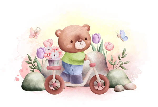 かわいい赤ちゃんの水彩画自転車に乗る花のイラスト — ストックベクタ