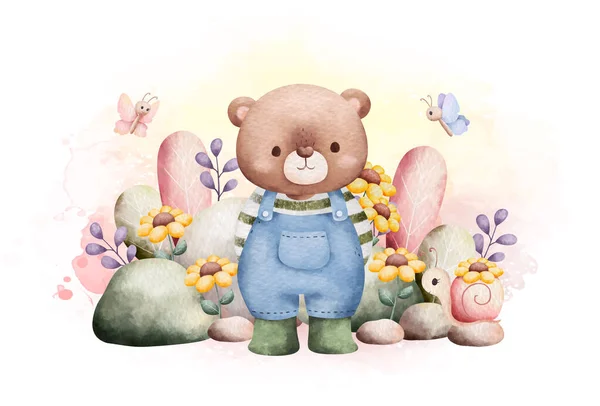 Aquarell Illustration Frühling Teddybär Garten — Stockvektor