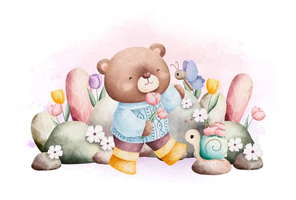 Aquarel Illustratie Van Schattige Teddybeer Met Bloemen Een Mand Thee — Stockvector
