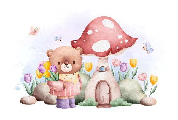 Aquarell Illustration Frühling Teddybär Garten — Stockvektor