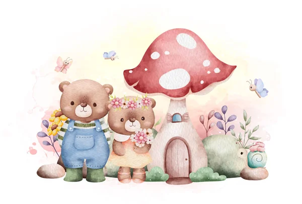 Watercolor Illustration Spring Teddy Bear Garden — Stock Vector