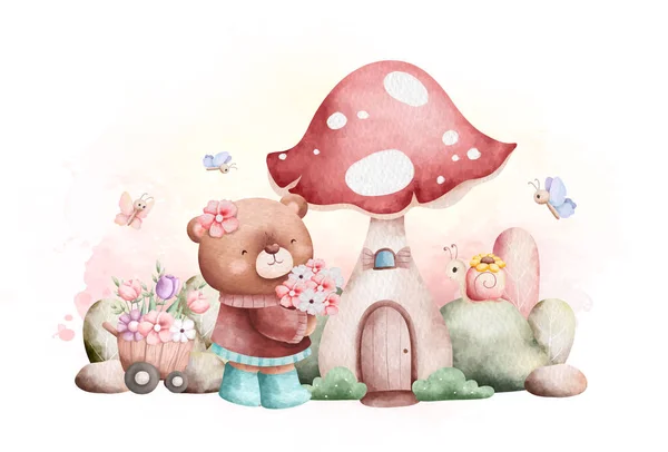 水彩画春天玩具熊在花园里 — 图库矢量图片