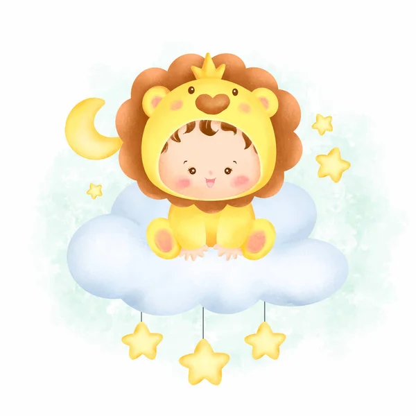 Watercolor Cute Baby Lion Character Sitting Cloud — Stock Vector