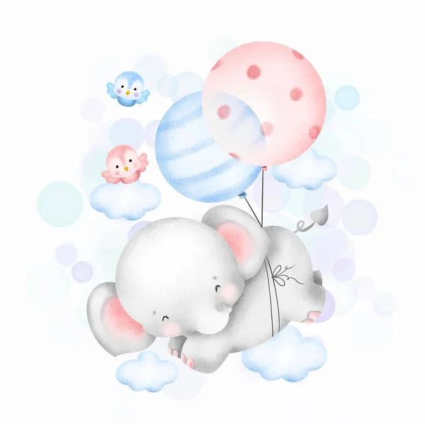 Akvarell Illustration Söt Elefant Med Ballonger — Stock vektor
