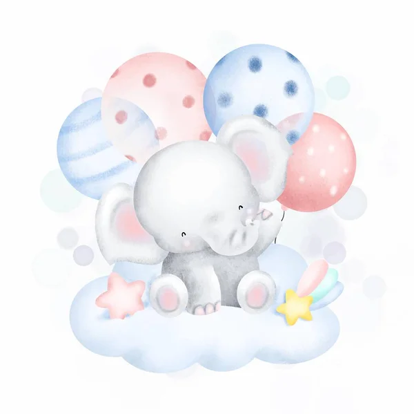 Słodkie Słoń Dziecko Balony Siedzi Chmurze — Wektor stockowy