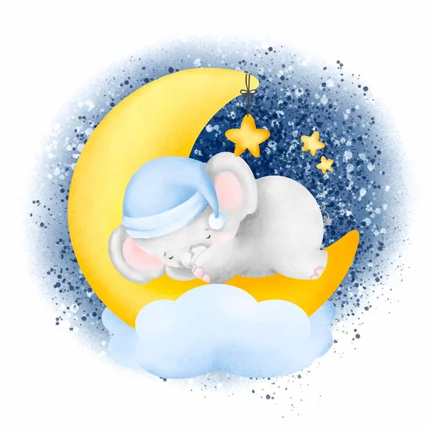 Watercolor Cute Elephant Sleeping Moon — Stock Vector