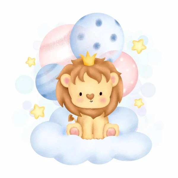 Watercolor Cute Lion Sitting Cloud — Stock Vector